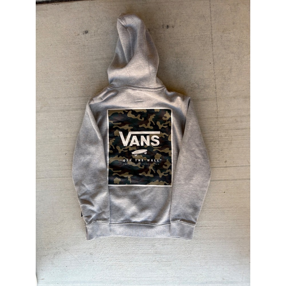 Vans Hoodie Camo Logo Pullover Sweatshirt Casual Comfy Gray Kids Small